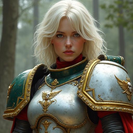A digital painting depicting an Adepta Sororitas from Warhammer 40k. Character has shoulder-length platinum blonde hair, serious expression, and wears ornate power armor. Armor features silver and gold with Aquila and skull details. One pauldron is dark green with skull emblem. Includes red high collar and patterned fabric under armor. Background is a blurred forest. Realistic textures and focused lighting create a grim warrior aesthetic.