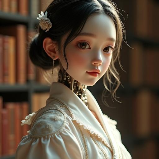 Breathtaking full body view of an android girl with natural skin texture and visible imperfections, realistic skin tone. Subtle lighting highlights her features. Facial expressions show curiosity. She wears a robe with translucent materials and metallic details. Background features a warm library ambiance with glowing books.
