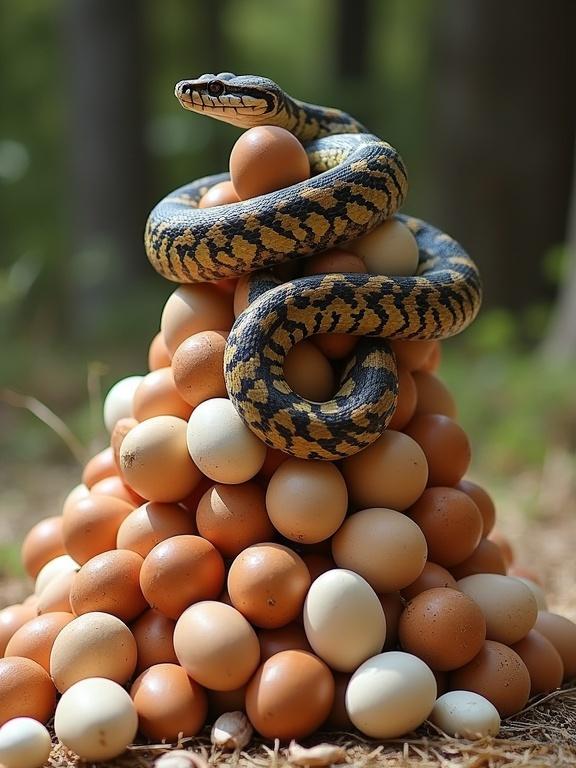 Large snake perched on a conical pile of brown and white eggs in an outdoor setting.