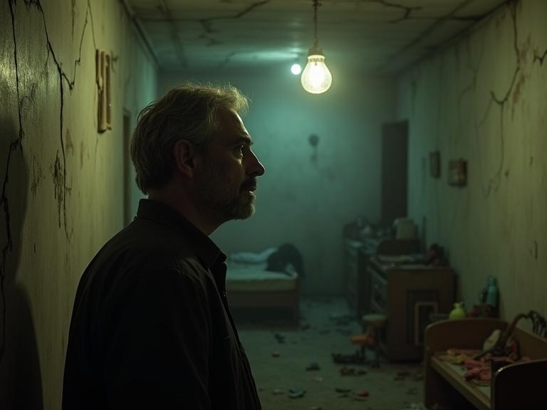 Iyad is a fifties detective with a calm demeanor. He has gray hair and thin facial lines. He stands in an old childhood bedroom with scattered toys and a small bed. A pale yellow light hangs from a broken lamp. The room has pale and cracked walls, creating a sense of nostalgia. The space evokes dread. A hand seems to reach towards the wall. The atmosphere is heavy and mysterious.
