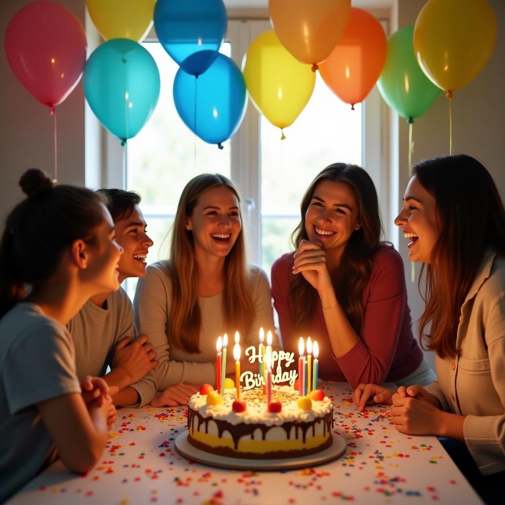 Group of friends celebrating a birthday with a cake and balloons. Colorful and festive setting. Joyful atmosphere.