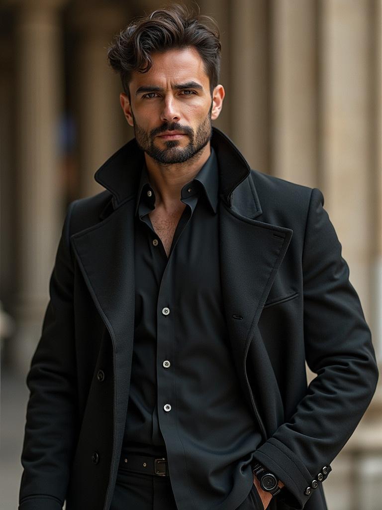 A person standing in an urban setting wearing a stylish black coat and shirt. The focus is on the outfit and setting, with a professional vibe.