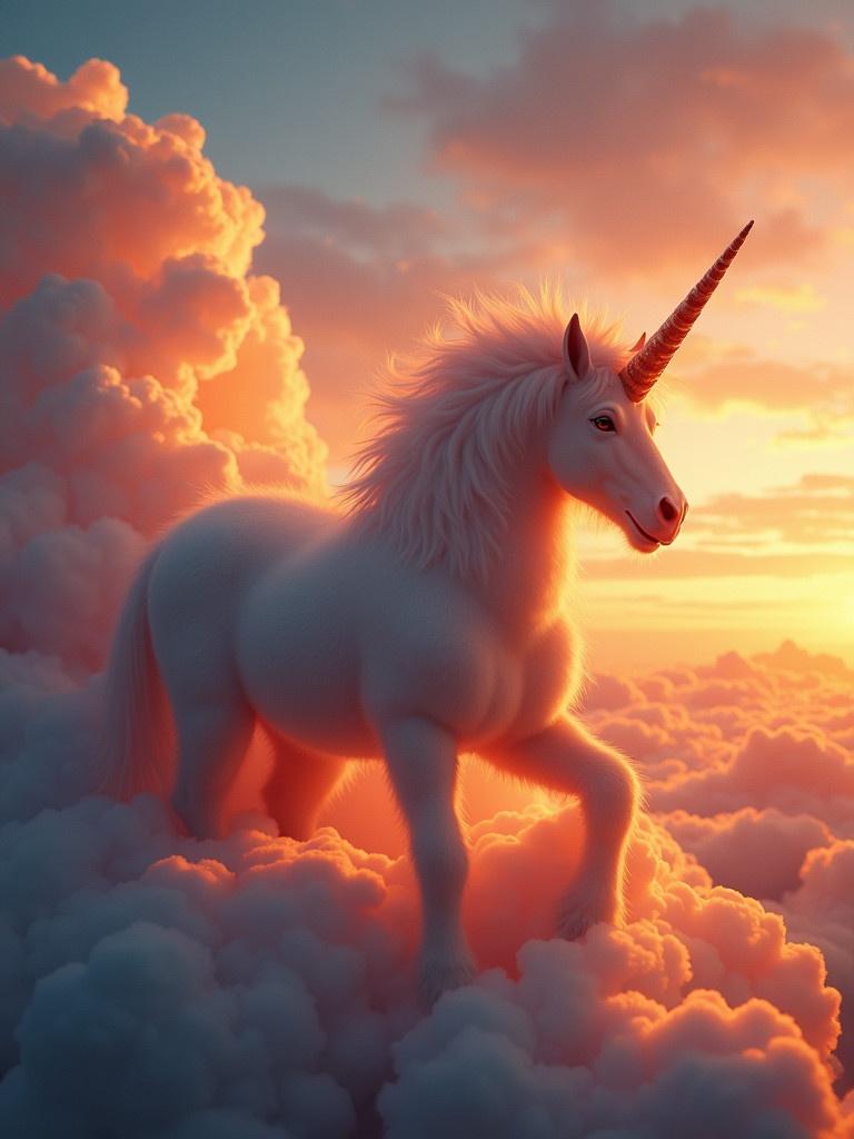 A majestic unicorn stands atop oversized fluffy clouds. Sunset lights the scene with warm colors. The sky is filled with pink and orange hues. The unicorn has a sparkling horn. The atmosphere is magical and serene.