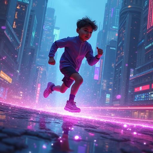 Dynamic illustration of a 12-year-old boy mid-sprint wearing glowing quantum crystal sneakers. Colorful cyan and purple energy trails stream from his feet. Background features a massive futuristic city with skyscrapers. Strong dramatic lighting enhances details. Style is sci-fi fantasy, designed for young adult literature.