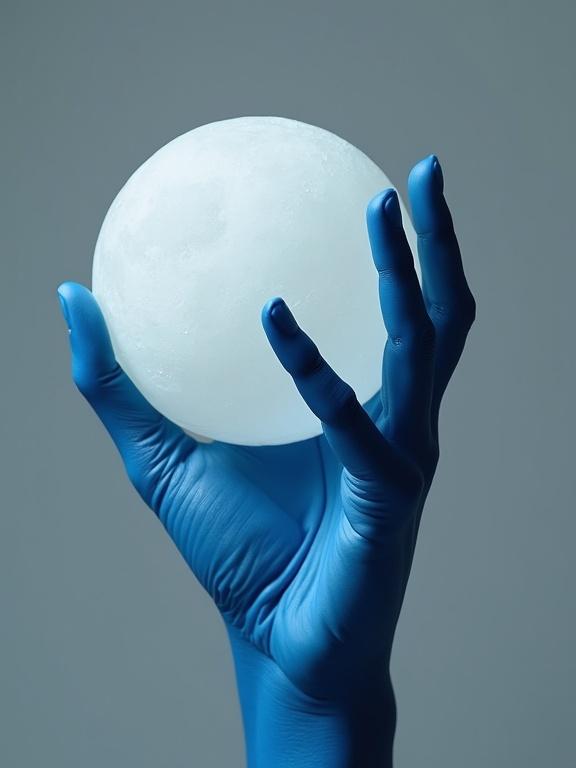 Blue skin with blue fingers holding a white moon against a gray background. Focus on high fashion editorial style. Create digital art with studio photography aesthetics and muted tones. Emphasize elegant surrealism.