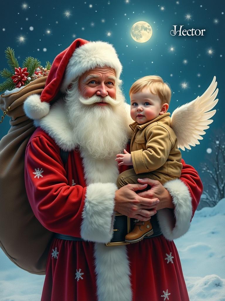 Scene shows Santa Claus holding a baby boy. Baby boy has angel wings. Santa wears traditional red and white attire. Sack filled with gifts rests on Santa's back. Snow falls softly. There is a bright, full moon in the night sky. Name 'Hector' appears in the sky.