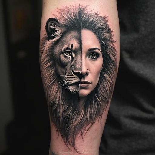Tattoo design featuring half of a lion's face and half of a woman's face with a realistic style in black and white.