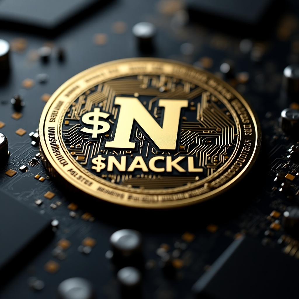 Close-up of a golden digital coin on a black motherboard. The coin shows the name '$NACKL' with a prominent 'N' in the center. Background features circuit elements for a tech theme and modern aesthetic with intricate designs.