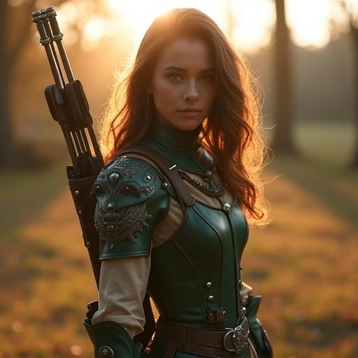 Young female scout in medieval fantasy training ground. Confident stance with shortbow slung on back. Dark green leather armor with silver filigree. Softly waved warm chestnut hair cascading around her. Dusk light enhancing her sun-kissed skin.