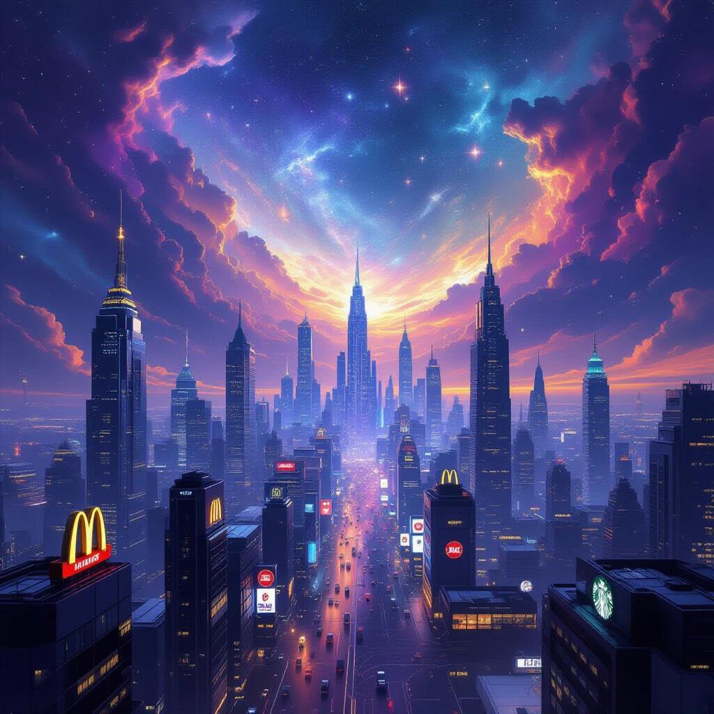 Futuristic city inside an infinite personal dimension. Sky features shifting hues and celestial nebulae. Below a breathtaking city with gleaming skyscrapers and empty streets. Global fast-food chains are operational but silent. Luxurious shopping districts glow like jewelry boxes. Ground beneath is a living foundation. Colossal crystal tower radiates energy at the city's heart.