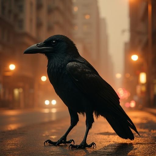Side view of a humanoid raven walking empty streets of large metropolis after apocalypse at night with brown hue.