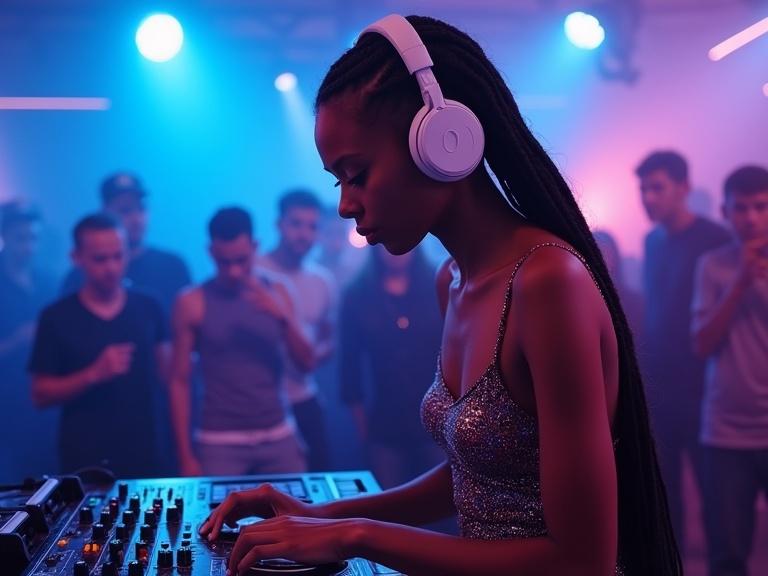 Young woman with braided hair in headphones at DJ deck. She wears shimmering sleeveless top. Background shows vibrant club crowd with blue and pink neon lighting.