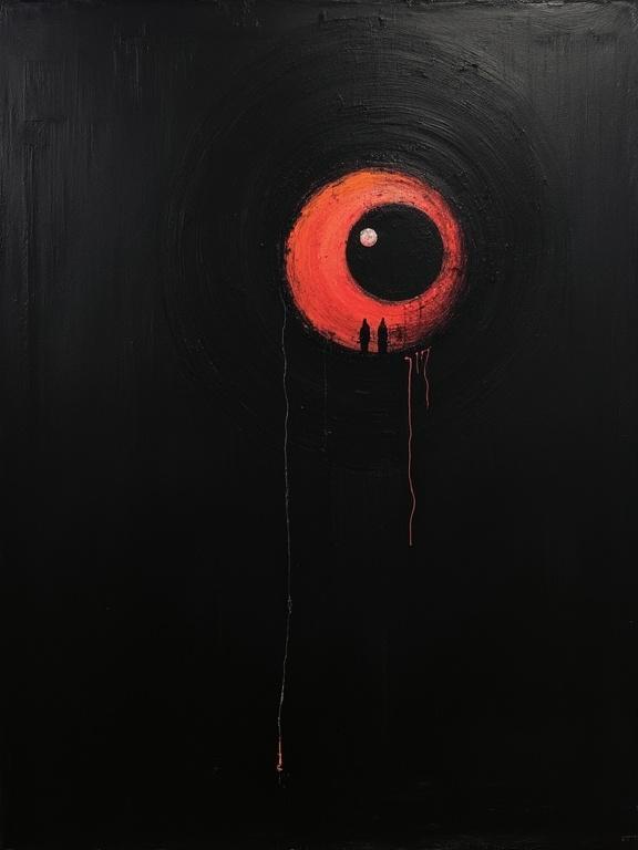 An extremely rough oil painting features a giant stylized eye filled with a cosmic void on a completely black background. The eye is at the top of the page with words 'That Familiar Static' and 'H. Bellerose' at the bottom, resembling a small rural 70s town.