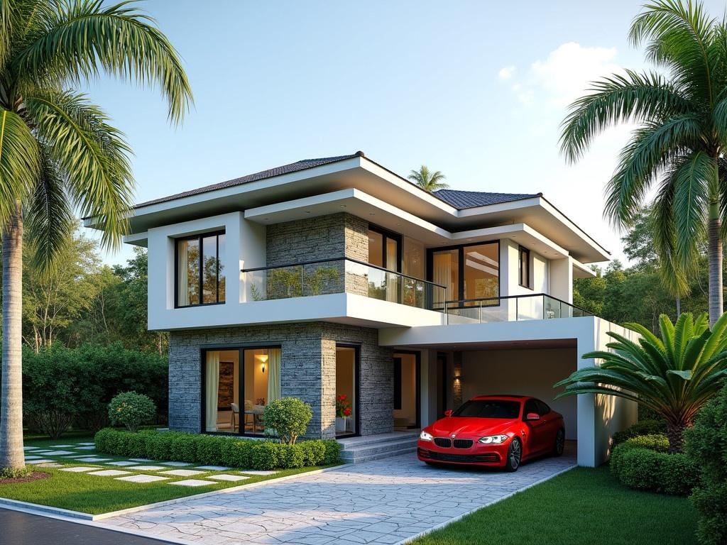 This image displays a beautiful modern house surrounded by lush greenery. The house features a multi-layered roof with a mix of white and stone textures. Large windows allow for plenty of natural light to brighten the living space. A red car is parked in an attached garage to the right of the house, highlighting contemporary design. The driveway is made of stone pavers, providing a sturdy pathway leading up to the entrance. Tall palm trees and other tropical plants frame the property, giving it a vibrant and inviting atmosphere.