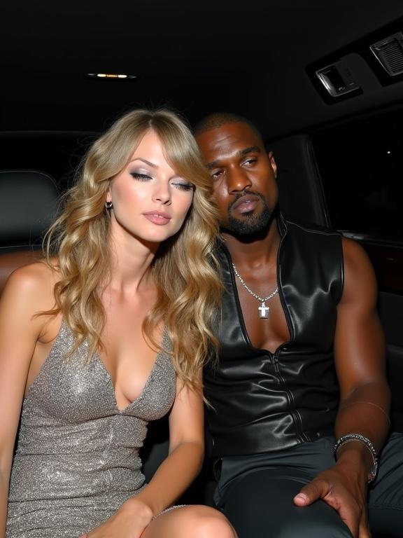 A young woman and a man in a limousine after an awards show. Young woman has long blonde curls and is wearing a sparkly silver dress. Man is wearing a black leather vest. They are sitting close together, woman appears asleep, her eyes closed, and the man has his hand on her leg. They are both looking relaxed. Full body shot.