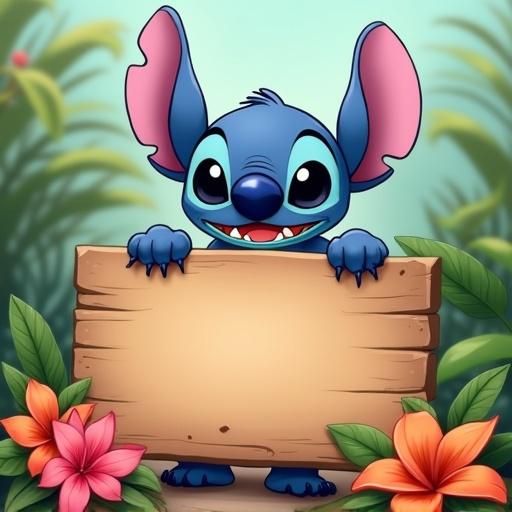 Stitch character with large ears and blue fur holds a blank wooden sign surrounded by colorful tropical flowers. Background features lush green foliage. The scene is cheerful and vibrant suitable for children's themes.