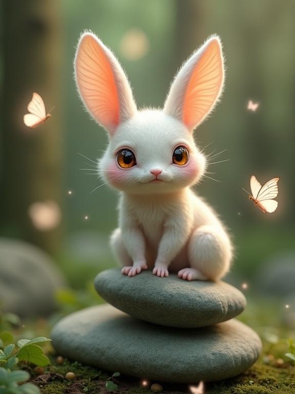 This image presents a magical forest scene featuring a fantasy creature on a stack of smooth stones. Surrounding butterflies and ethereal light enhance the magical vibe. The creature has a pale cream color, large glowing eyes, and mushroom-like stalks. It sits calmly, evoking a serene and whimsical atmosphere.