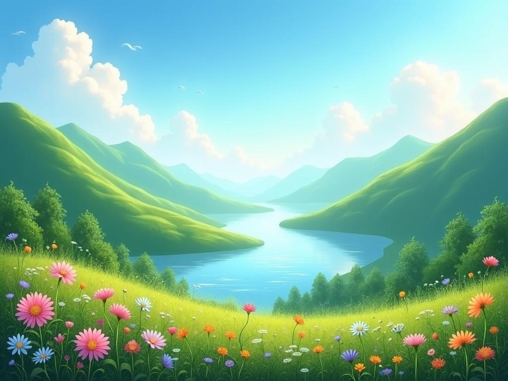 A scenic valley with a river running between green mountains and a meadow full of colorful flowers in the foreground, under a bright blue sky with fluffy clouds.