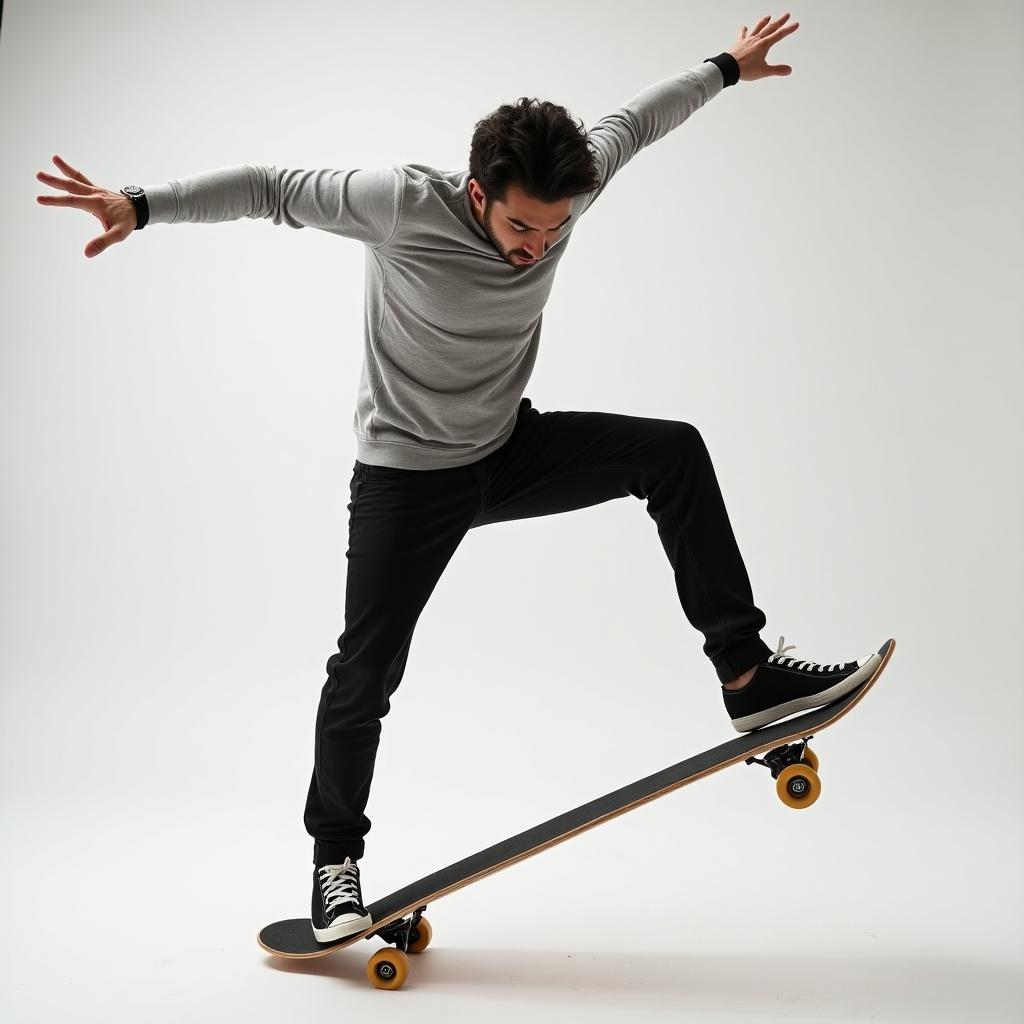 A man performs a trick on a skateboard. Both feet positioned between the wheels. One foot is parallel to the skateboard. The other is on tip toes.