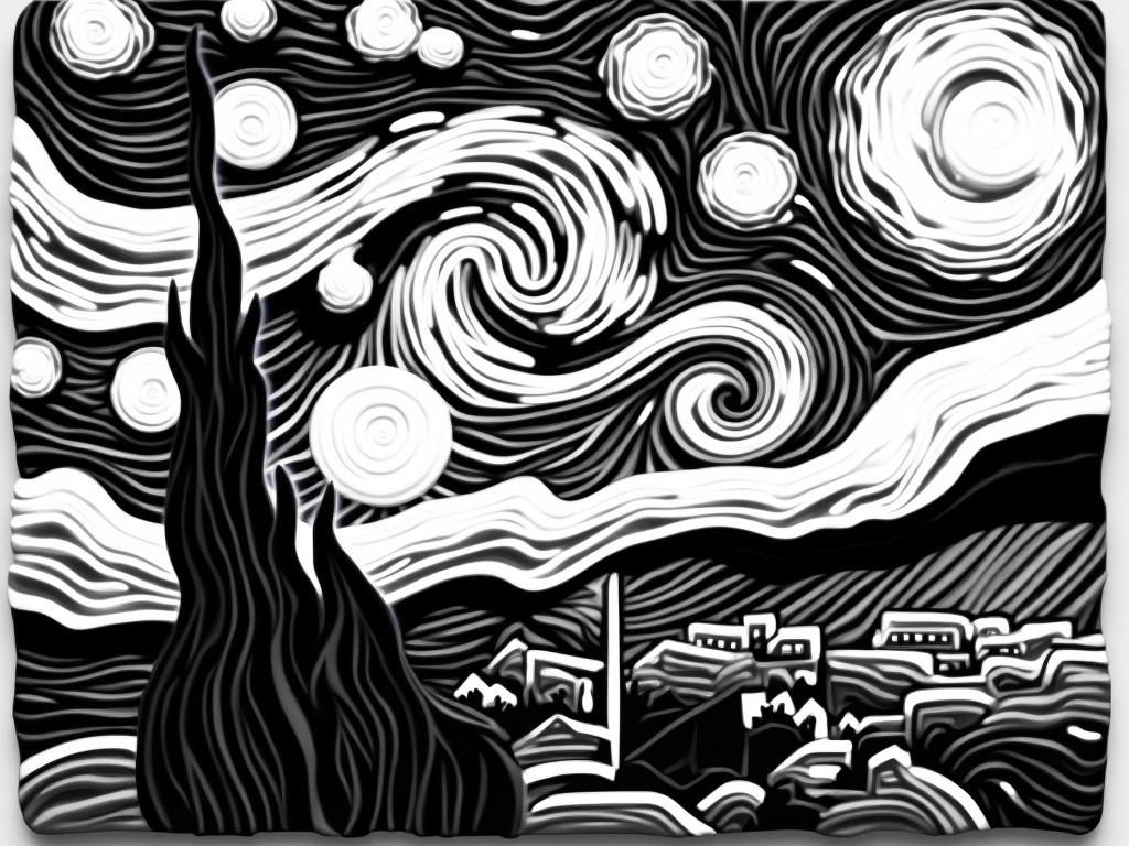 A black and white embossed representation of an iconic starry night scene. The composition features swirling patterns in the sky, reminiscent of turbulent clouds and stars, while a prominent cypress tree stands tall in the foreground. The village below is simplified, with minimal detail, emphasizing the contrast between the textured elements of the landscape and the rhythmic movement of the sky.
