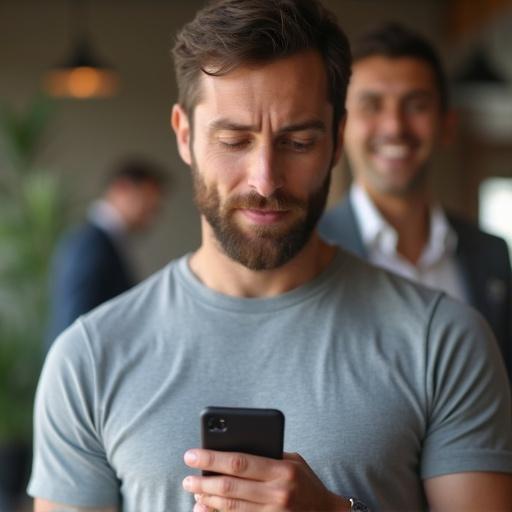Camera positioned behind a man's shoulder. He wears a t-shirt. He looks surprised at a mobile phone. Background has smiling insurance agent holding the phone. Screen shows message Port to Star Health Insurance. Indoor setting with a warm and trustworthy mood.