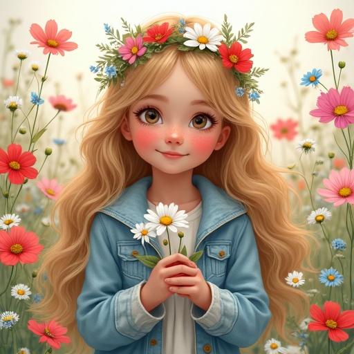 Highly detailed digital illustration of a young girl with long wavy blonde hair wearing a wreath of wildflowers. She is in a flower meadow holding a small bouquet of daisies. Facial expression joyful and dreamy. Surrounded by vibrant wildflowers in red, pink, white, and blue shades. Creates a harmonious fairy-tale atmosphere with soft natural lighting.