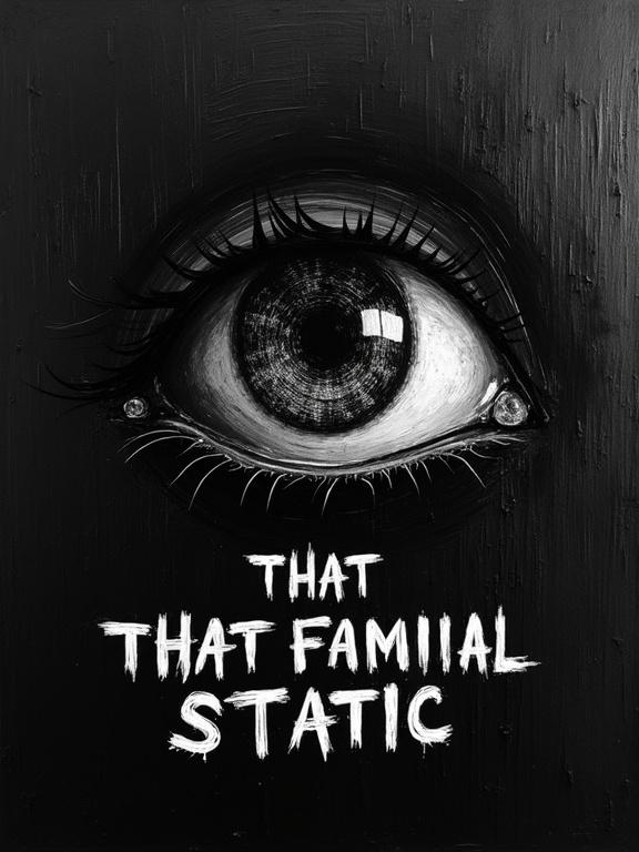 Oil sketch on textured black background. Distorted silhouette of human eye at top corner. Eye filled with swirling static void. Below eyelid, distorted shadows spell out 'That Familial Static' in warped lettering. Text smaller than eye.