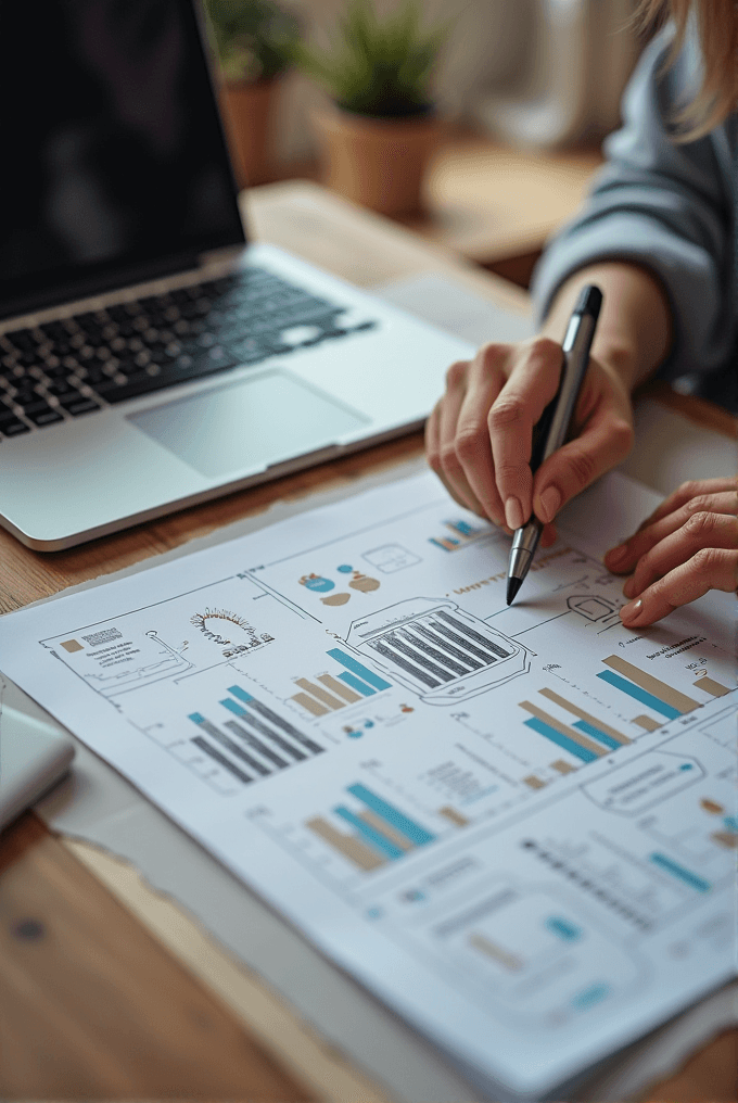 A person is analyzing charts and graphs on a document next to an open laptop.