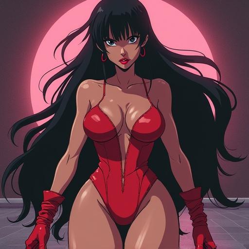 Nude character in red outfit inspired by Cowboy Bebop. Character portrayed in a futuristic setting with anime style. Backlit with glowing elements.