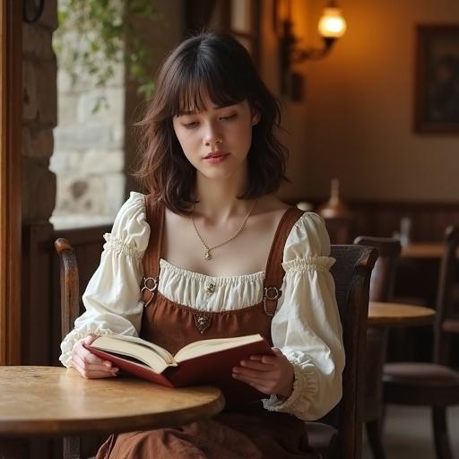 Young woman dressed in medieval-style clothing sits in a rustic café. Brown bob-cut hair frames porcelain skin. She reads a book. The setting features wooden furniture and warm lighting. Cozy atmosphere invites relaxation and peace. Attire blends practicality with feminine charm.