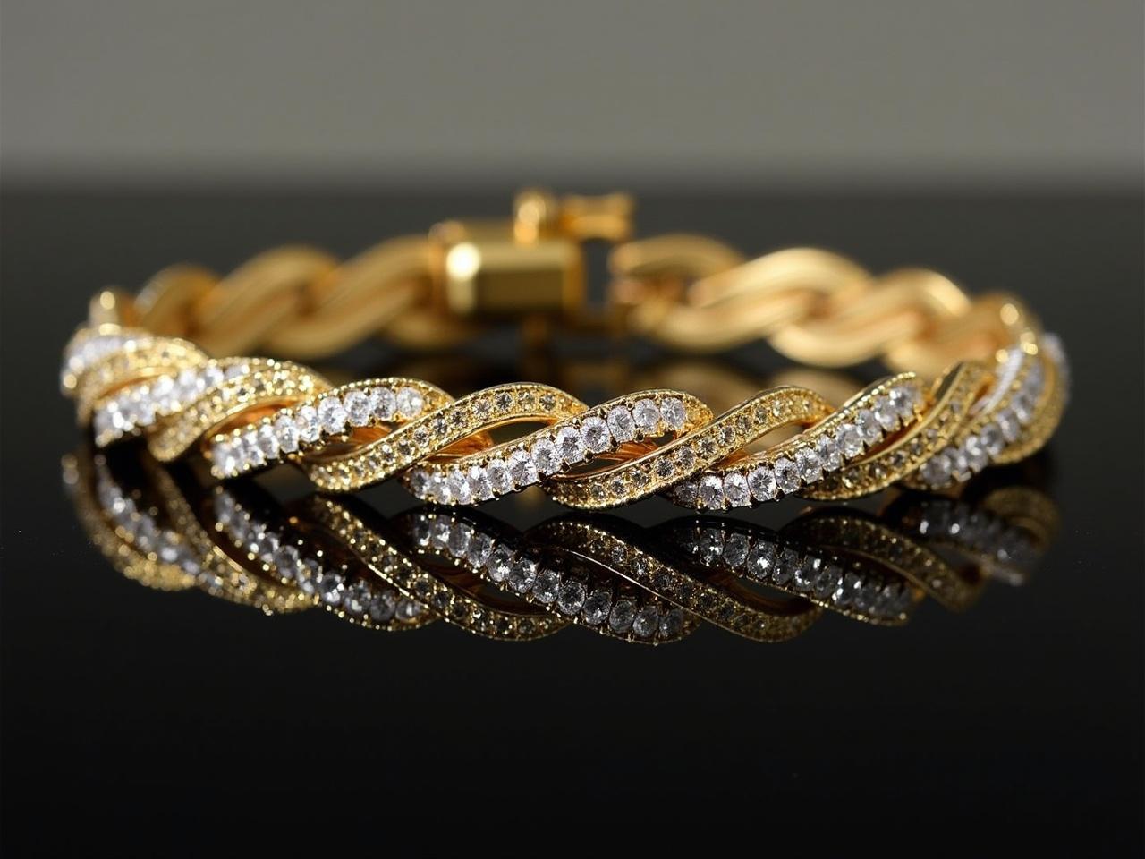 A beautiful gold bracelet adorned with sparkling diamonds. The bracelet is displayed on a black glass surface, which reflects its elegance. The stones are arranged in a seamless pattern, enhancing the overall shine of the piece. The clasp is intricate, adding a touch of sophistication. The background is simple, focusing attention on the luxurious design of the bracelet.