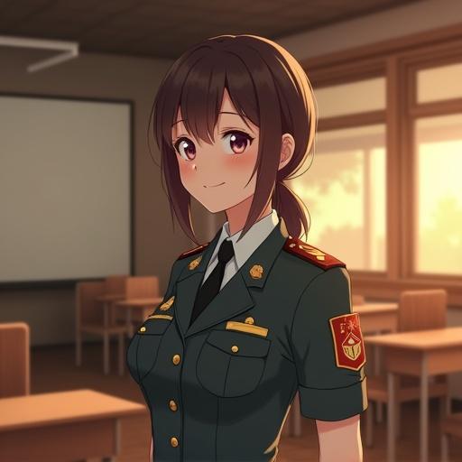 Anime-style female instructor smiles warmly while giving instructions in a military-style uniform. She has a motherly presence and stands in a classroom or training ground. Ambient soft lighting creates a welcoming atmosphere. Beautifully detailed face and medium-length hair add to the character's charm. The scene is heartwarming with a soft focus.