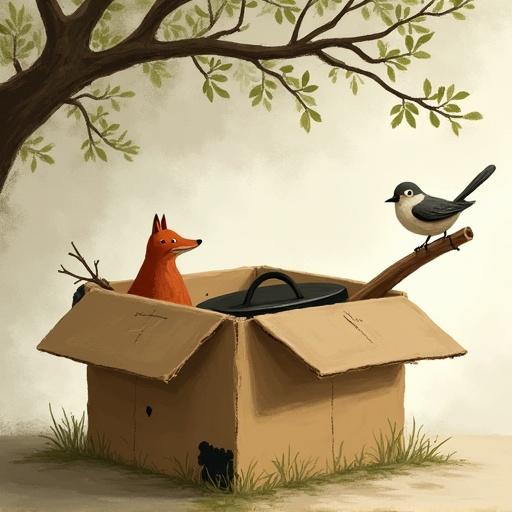 An open cardboard box with a torn side is placed beneath a tree branch. A fox is sitting inside the box. A bird is perched on a stick inside the box. A pan with a lid is also in the box. The scene is peaceful and evokes nature.