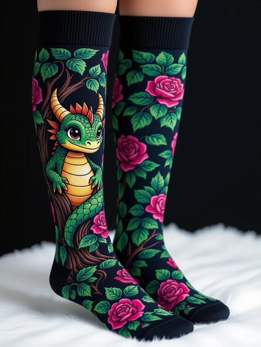 Close-up of thigh-high socks displaying vibrant dragon hiding behind a tree. Ivy and roses adorn the design in dark colors. Photographed with professional quality against black background.
