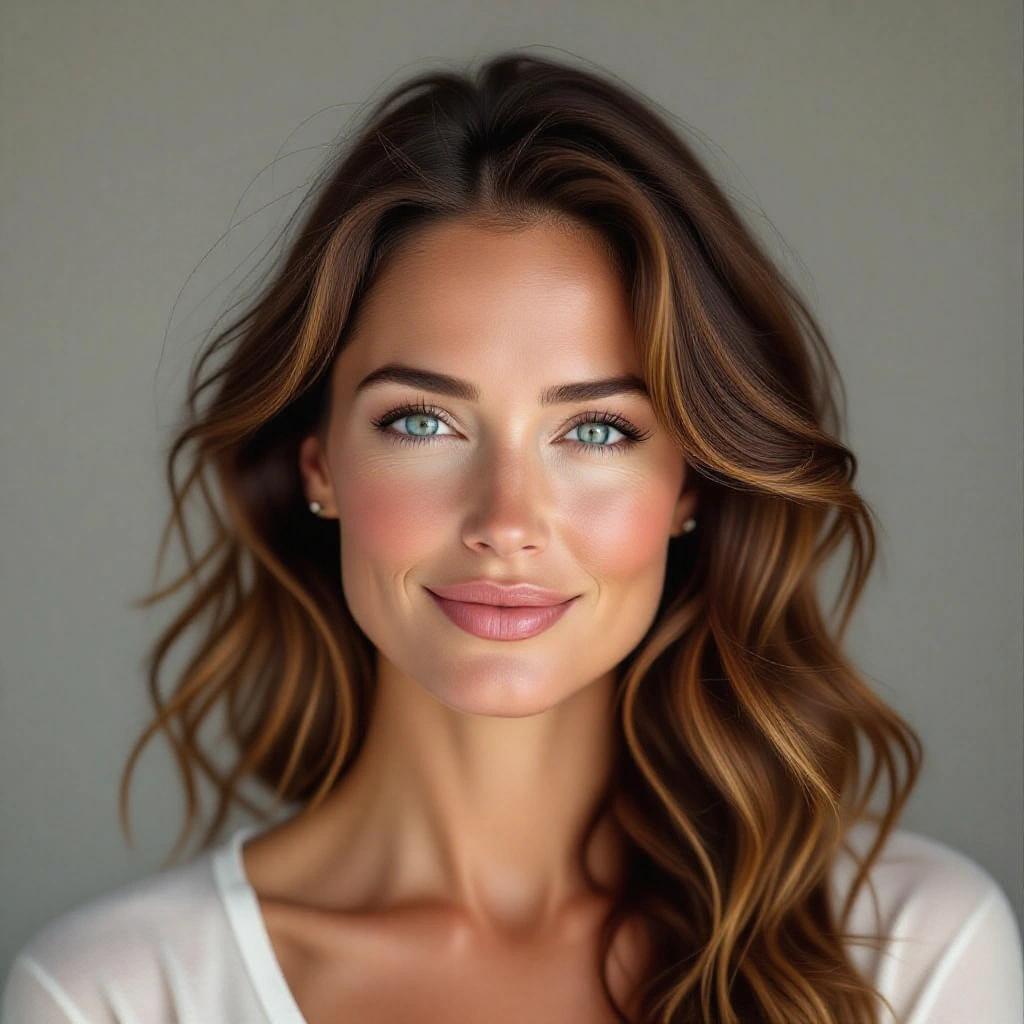 Close-up portrait of a confident woman around 35 years old. Fair skin and long auburn hair with copper tones. Blue eyes and strong cheekbones with full lips. Visible faint natural wrinkles and subtle smile lines. Photorealistic skin texture with visible pores. Soft natural makeup, fit curvy figure wearing dark grey bodysuit. Even lighting from softbox, plain light grey background. Straight head looking at the camera. Symmetrical face and features with a neutral confident expression.