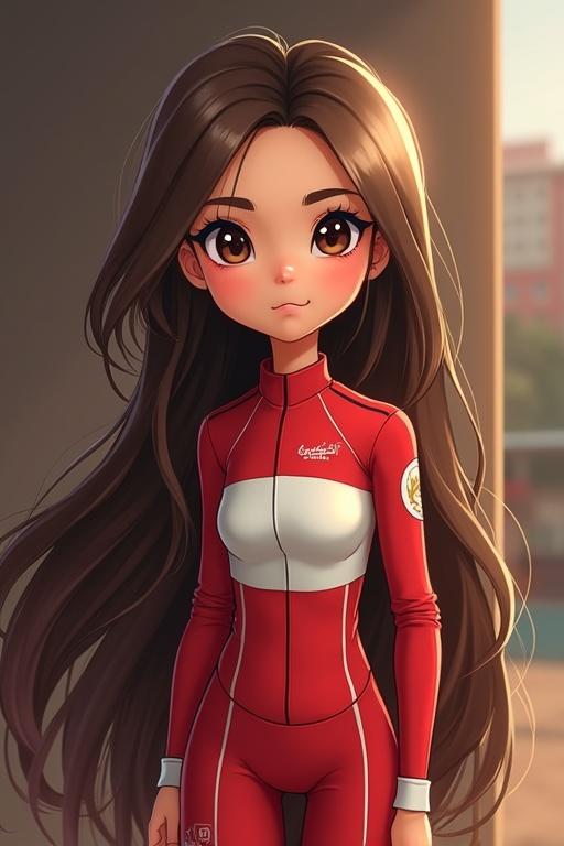 Generate one girl with long brown hair with brown eyes thin with Formula 1 uniform