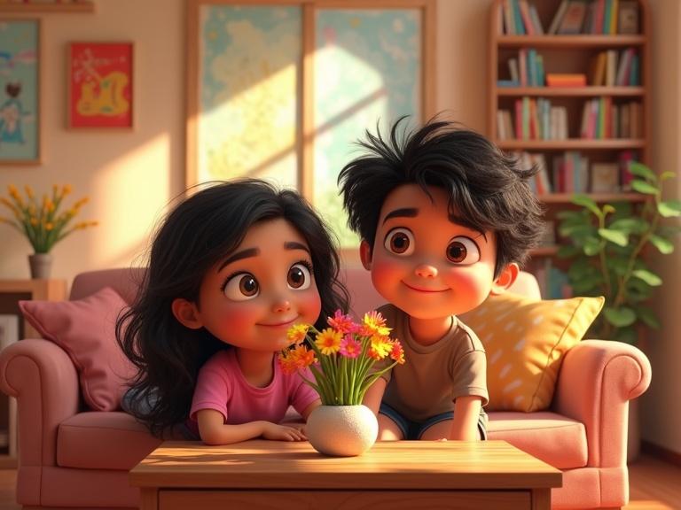 3D animated characters depict Luna and Leo in a cozy living room. Luna is a 6-year-old girl with long wavy black hair wearing a pink shirt and blue shorts. Leo is an 8-year-old boy with curly black hair wearing a brown T-shirt and gray shorts. They sit on a pink couch with a vase of flowers on a wooden table. The room has colorful artwork and shelves of books. Sunlight fills the space warmly.