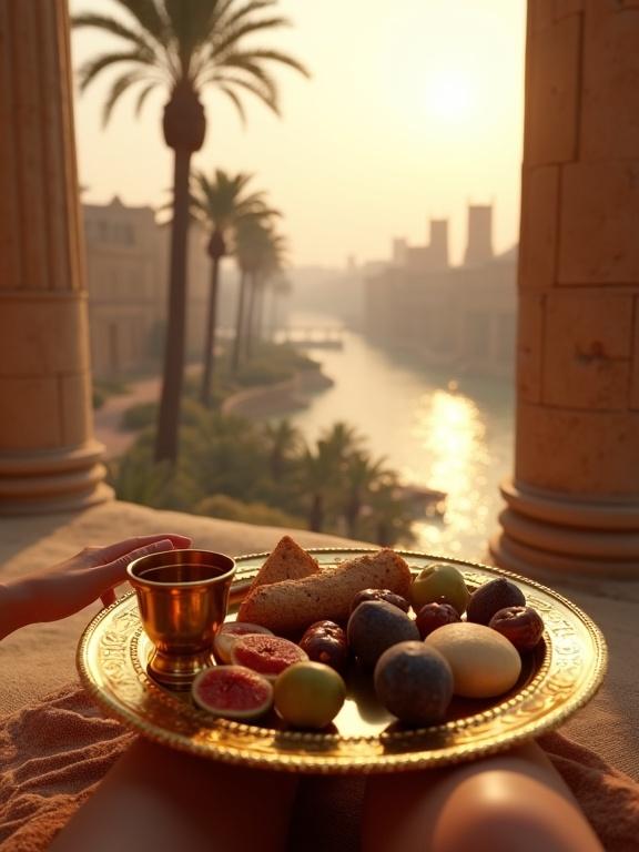 Screenshot from a VR game. First-person view from an ancient Egyptian royal balcony overlooking the Nile. Slender hands on a gold-plated breakfast tray with figs, dates, and honey bread. Sunlight glimmers on the river. Palm trees sway in the breeze. Stone columns frame the scene. Soft morning light glows. No people visible. Immersive and ultra-realistic.