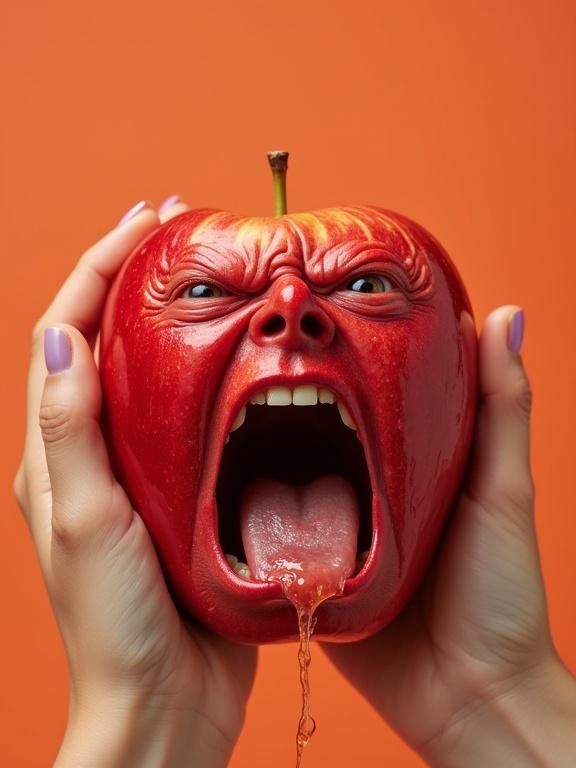 Hyper-realistic red apple showing human features held by a woman. Apple has a screaming expression with open mouth. Saliva stretches from mouth. Background is pastel orange. Absurd and funny style resembling stock photography.