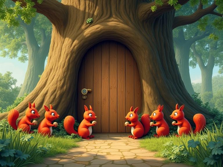 A giant tree with a wooden door at its base. Red squirrels hold acorns and line up at the door. Scene set with soft green foliage.