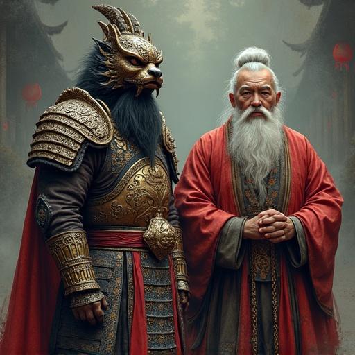 2.5D render depth with bold outlines and detailed textures. Characters include a Chinese warlord in ornate lion-shaped armor and an ancient general in chainmail. The general wears a flowing sash. An old wise advisor stands beside him in scholar robes. The image is styled with dark fantasy elements, cinematic lighting, and painterly textures. A dramatic composition in comic-book style using cel-shaded shadows.
