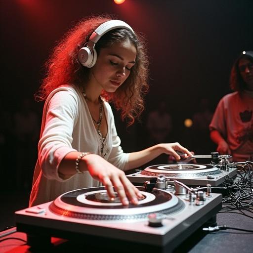 Female DJ performing at a DJ competition. DJ using two turntables. Rapid hand movements over vinyl records. Event atmosphere filled with spectators. Bright stage lights illuminating the scene.