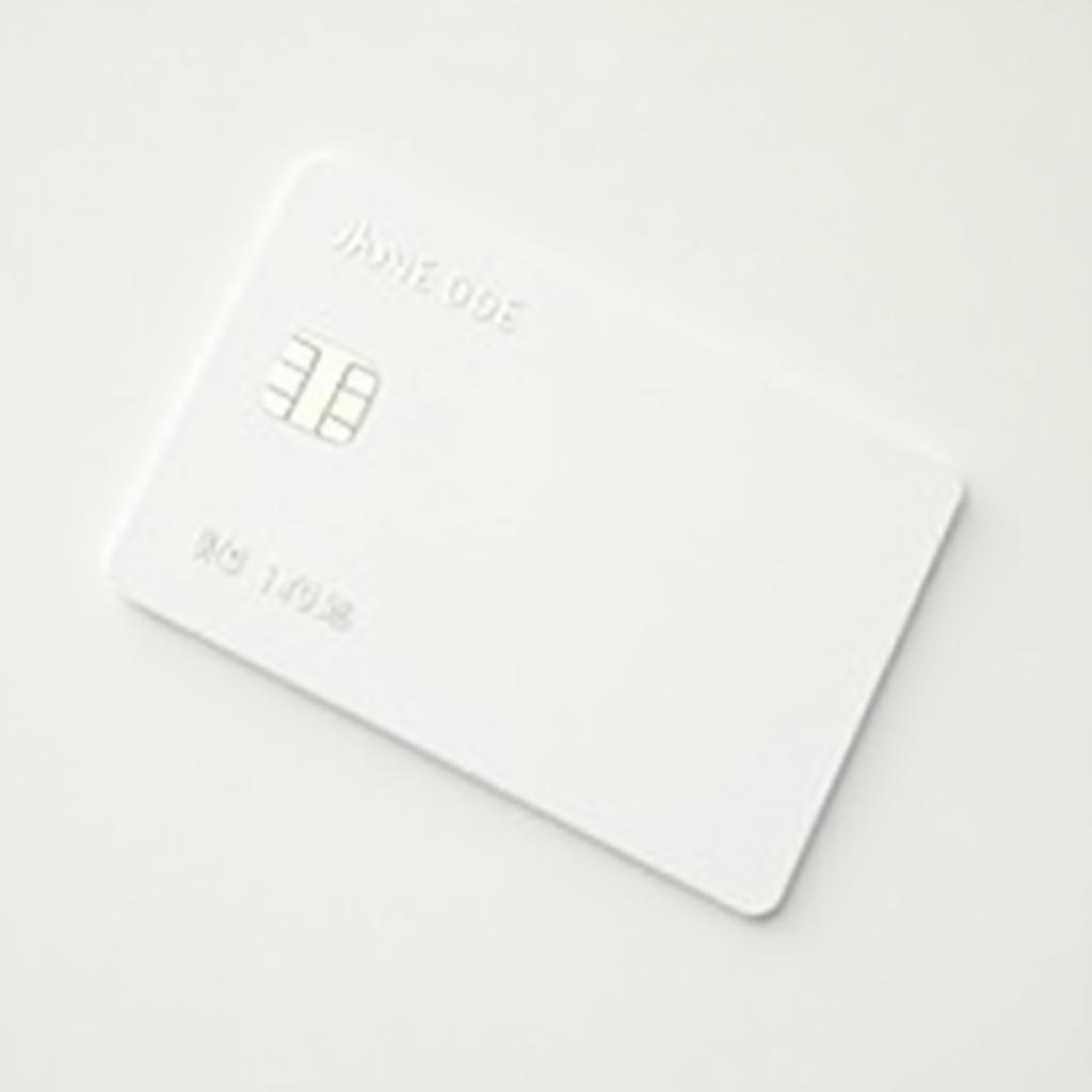 Image of a plain white credit card. Name printed is 'JANE DOE'. Small chip in upper left corner. Background is soft and neutral. Represents modern financial solutions and identity in banking.