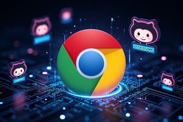 A modern digital interface displays a Google Chrome logo with GitHub Octocat. The background has a neon-lit circuit board design in blue and purple hues. Holographic user profiles with Follow buttons surround the Octocat. Text reads GitAutoFollow - Smart Chrome Extension for GitHub Networking. The theme is professional and tech-driven.