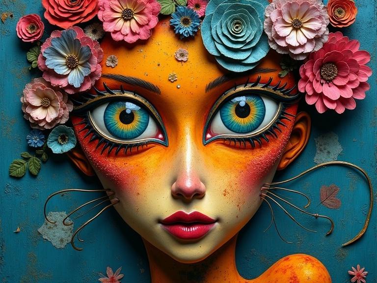 A 3D artwork depicting a whimsical character with large eyes and floral decorations. It features vibrant colors and intricate details. The style combines various artistic influences.