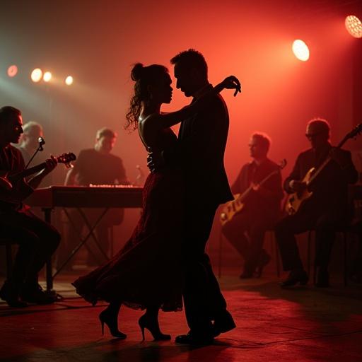 Image features a couple dancing tango in a milonga setting. A live orchestra is performing in the background. The couple embraces in a warm light, showcasing the passion of tango. Musicians can be seen with instruments such as guitars and piano.