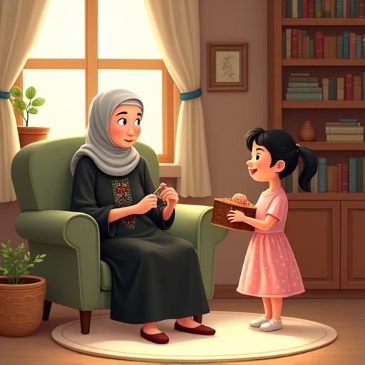 Cozy cartoon-style indoor scene. Grandmother in an olive green armchair near a window. Sunlight streaming in. Small plant on windowsill. Round off-white rug on the floor. Elderly woman with light grey headscarf and black floral dress. Holding crocheting project. Young girl holding a wooden carved box. She wears a pink dress with white polka dots. Cheerful and warm mood. Ample blank space at the top.