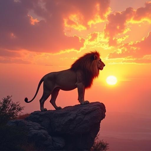 A lion stands on a rocky outcrop at sunset. The lion's mane flows in warm light. Vibrant sky colors of orange, pink, purple. Landscape below is shrouded in a mystical haze.