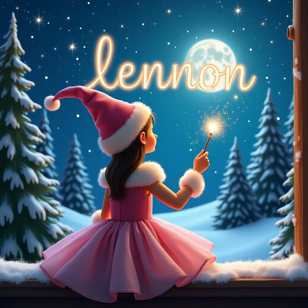 The image features an enchanting scene of an elf on the shelf, adorned in a pink poofy dress. The elf sits with its back towards the viewer, gazing at a breathtaking sky filled with sparkling stars and a bright moon. It wields a magical wand, crafting the name 'Lennon' in the air with a sense of wonder. The background is a winter wonderland, complete with snow-covered ground and lush evergreen trees. Above the elf, the name glows in sparkling light, enhancing the festive atmosphere.