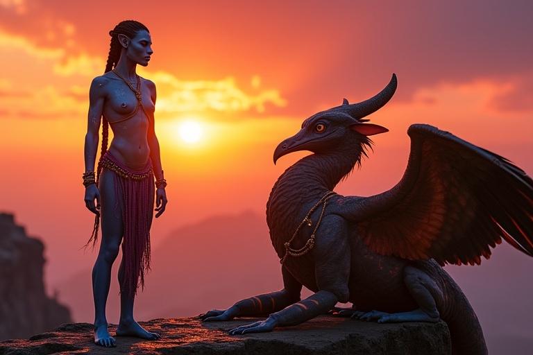 At dawn's first light Kaari stands tall beside the resting Toruk on a lava-scarred ledge. The sky glows with red and amber. Kaari is a tall Na'vi female with radiant blue skin streaked with ash. Her bioluminescent stripes shimmer. She is wrapped in a beaded chest net and a purple loincloth. Her long black braids hang loose in the wind. The Toruk has a volcanic body patterned in fiery colors, its wings are broad with crimson veins, and it has a blade-shaped crest.
